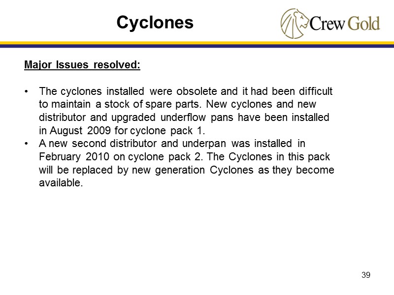 39 Major Issues resolved:  The cyclones installed were obsolete and it had been
